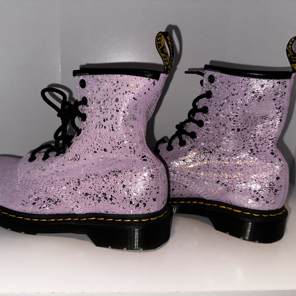 Purple and metallic splatter suede combat boots
